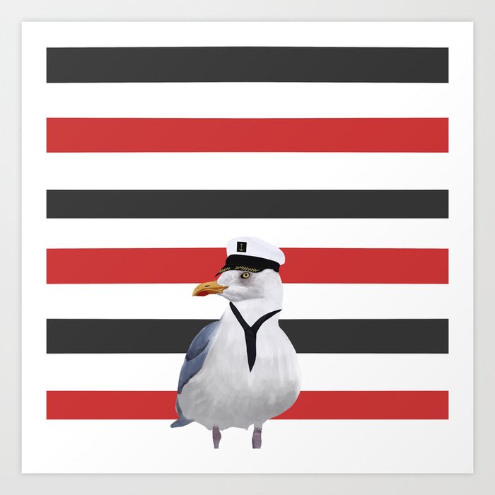 Captain Seagull on Red and Black Stripes Art Print