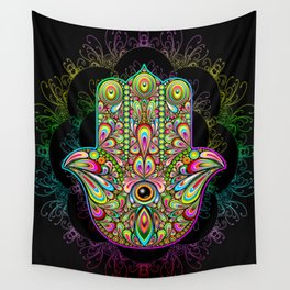 Hamsa Hand Amulet Psychedelic Wall Tapestry