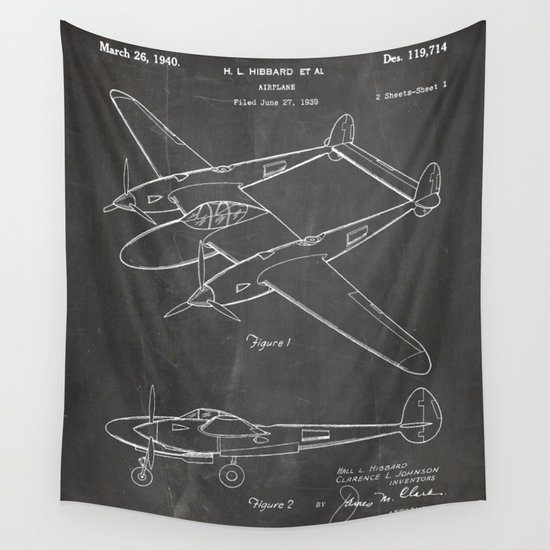 Lockheed P 31 Airplane Patent Lightning Aircraft Art Black Chalkboard Wall Tapestry By Patentpress Society6