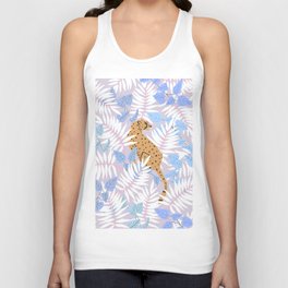 Cheetah on lilac with white tropical leaves  Tank Top