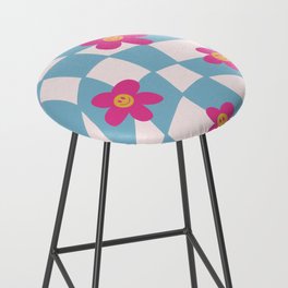 Retro Smiley Face 60s Flower with Blue Checkered Pattern Bar Stool