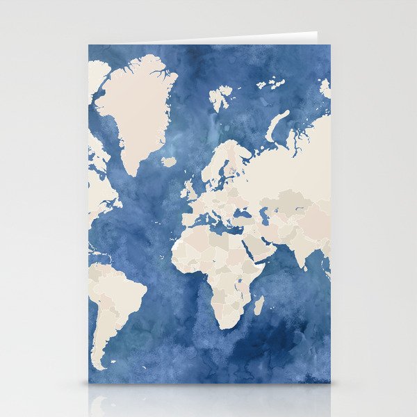 Navy blue watercolor and light brown world map Stationery Cards