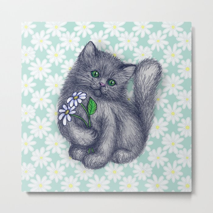 Cute Kitten with Daisies Metal Print