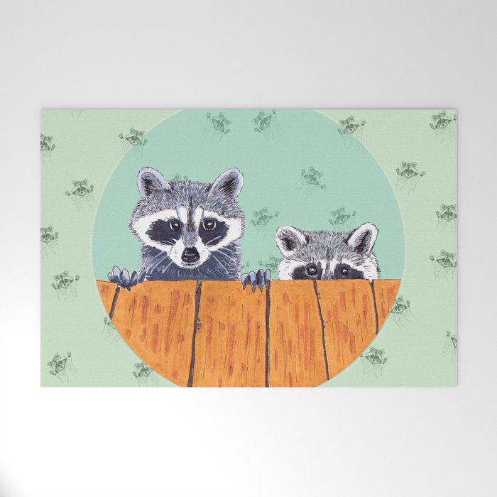 Peeking Raccoons #3 Pastel Green Welcome Mat