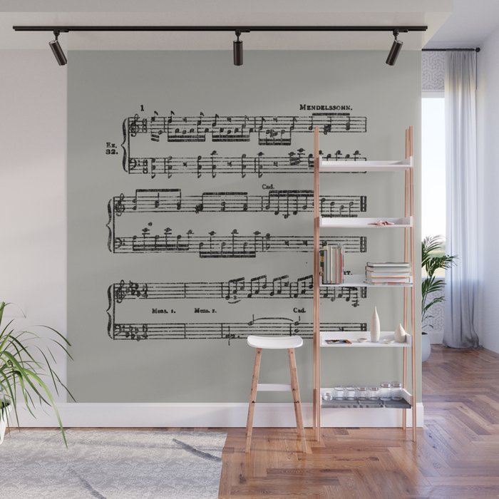 Black distressed stamped music notes light gray grey background Wall Mural