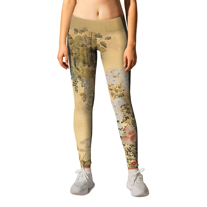 Japanese Edo Period Six-Panel Gold Leaf Screen - Spring and Autumn Flowers  Leggings by Elegant Chaos Gallery