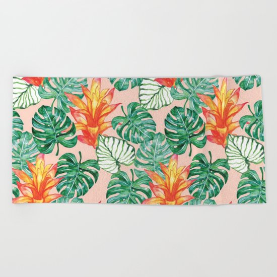 Peach tropical floral Beach Towel