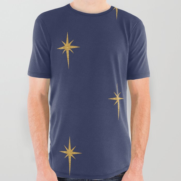 Christmas Faux Gold Foil Star in Midnight Blue All Over Graphic Tee