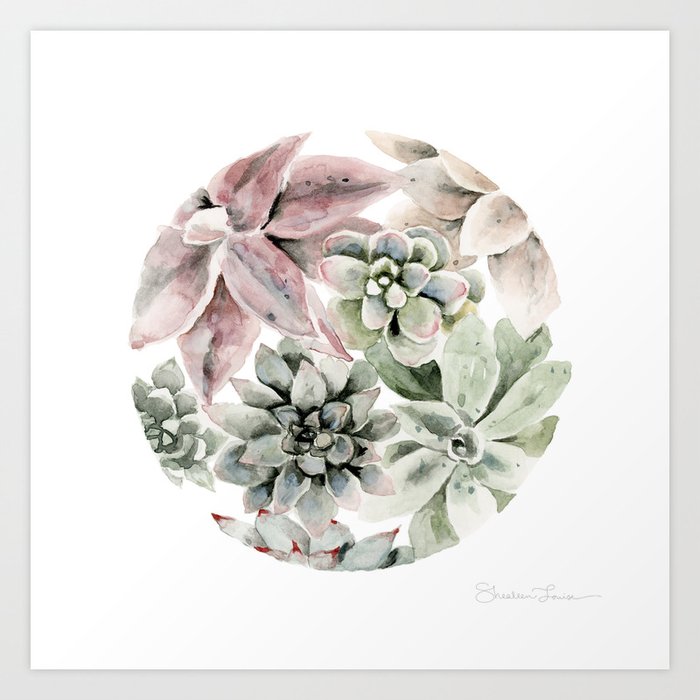 Circular Succulent Watercolor Art Print