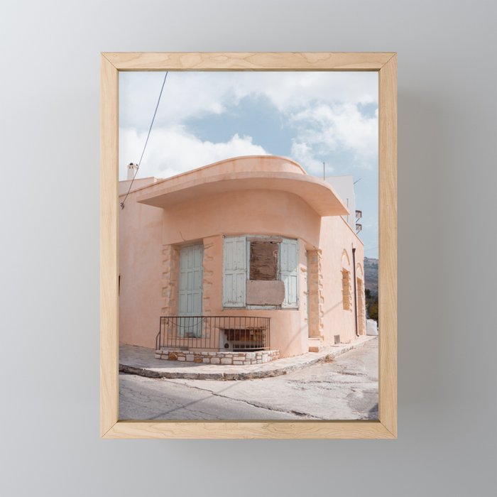 Pink Building on the Corner of a Greek Street | Pastel Colored Home | Travel Photography in Greece Framed Mini Art Print