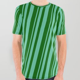[ Thumbnail: Aquamarine and Dark Green Colored Pattern of Stripes All Over Graphic Tee ]