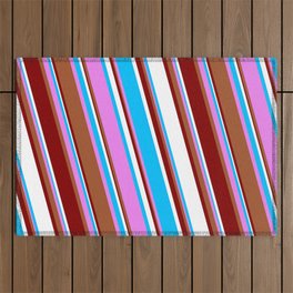 [ Thumbnail: Vibrant Violet, Sienna, Maroon, White, and Deep Sky Blue Colored Stripes Pattern Outdoor Rug ]