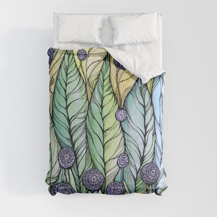 Dandelions.Hand draw  ink and pen, Watercolor, on textured paper Comforter
