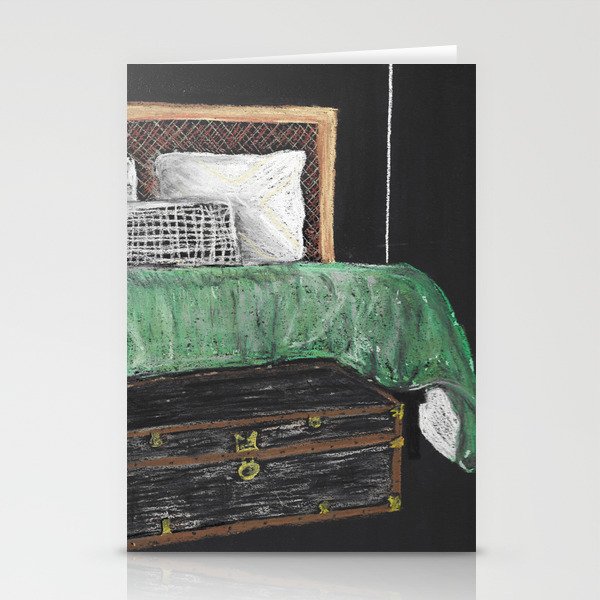 Bedroom with an antique drawer drawing done in pastel chalk on a black background Stationery Cards