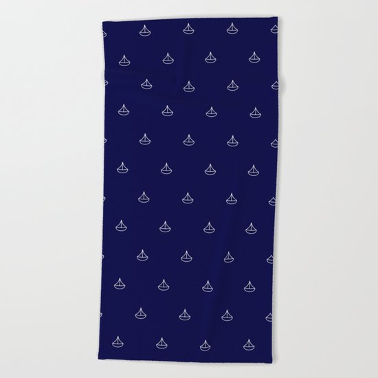 Maritime pattern- little white boats on darkblue backround Beach Towel