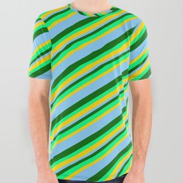 [ Thumbnail: Dark Green, Green, Yellow & Light Sky Blue Colored Lined Pattern All Over Graphic Tee ]