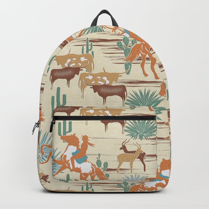 Wild West- Cowgirl Cowboy Herding the Cattle in the Desert- Eggshell Tooled Leather Backpack