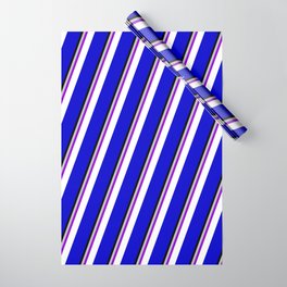 [ Thumbnail: Colorful Grey, Dark Violet, White, Blue & Black Colored Stripes Pattern Wrapping Paper ]