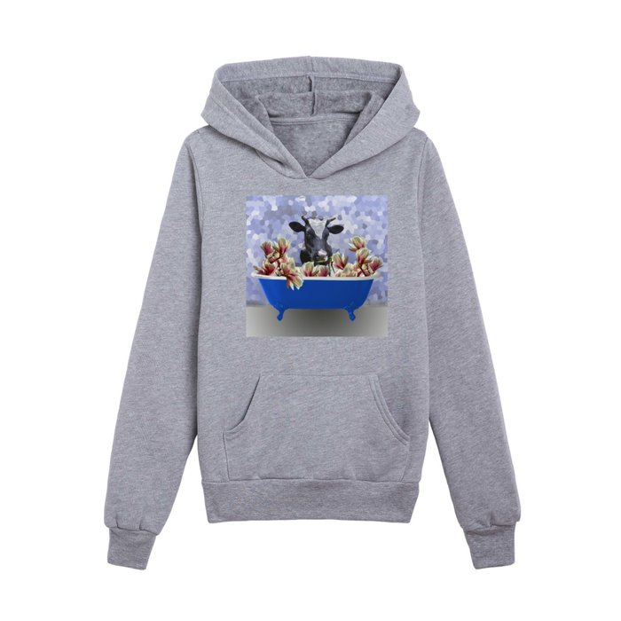 Cow in blue bathtub magnolia flowers Kids Pullover Hoodie