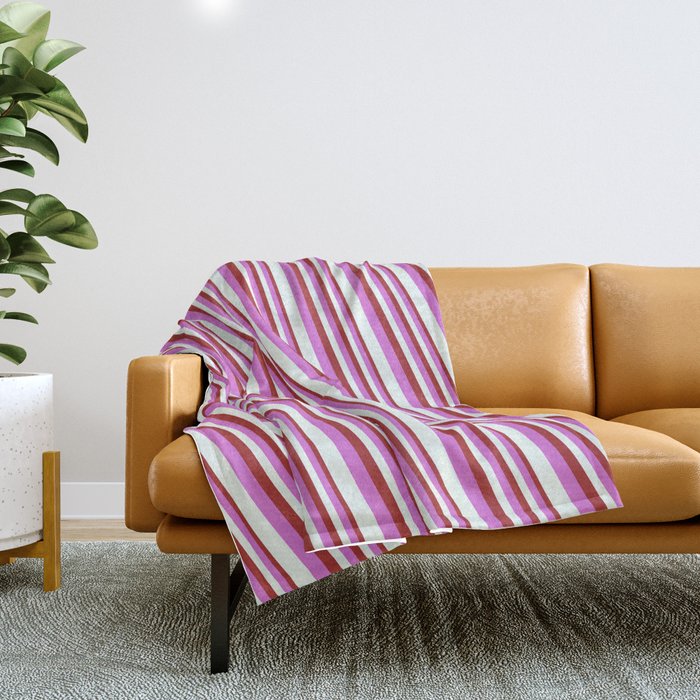 Brown, Orchid, and Mint Cream Colored Stripes/Lines Pattern Throw Blanket