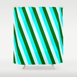 [ Thumbnail: Aqua, Light Cyan & Dark Green Colored Stripes Pattern Shower Curtain ]
