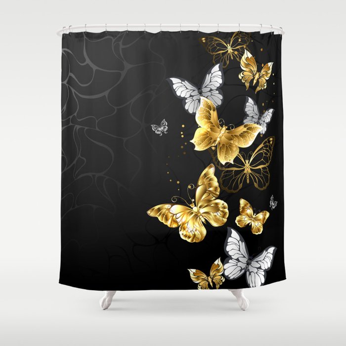 Gold and White Butterflies Shower Curtain