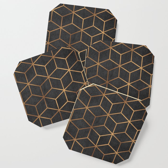 Charcoal and Gold - Geometric Textured Cube Design I Coaster