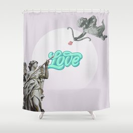 Cupid Shooting a Love Arrow and second statue fight him Shower Curtain