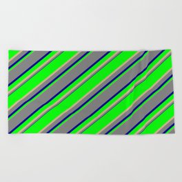 [ Thumbnail: Lime, Tan, Grey & Dark Blue Colored Lined/Striped Pattern Beach Towel ]