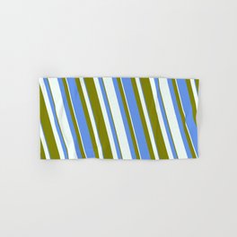 [ Thumbnail: Mint Cream, Green & Cornflower Blue Colored Striped/Lined Pattern Hand & Bath Towel ]