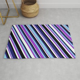 [ Thumbnail: Vibrant Midnight Blue, Sky Blue, Dark Orchid, Mint Cream, and Black Colored Lined/Striped Pattern Rug ]
