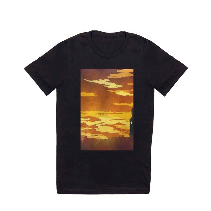 Orange sunset with silhouette of church bell tower in Tabor, Czech Republic.  Watercolor painting or T Shirt