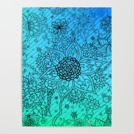 Flower Zen: Blue-Green Fade Poster