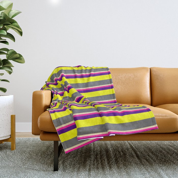 Tan, Deep Pink, Indigo, Yellow, and Dim Gray Colored Striped Pattern Throw Blanket