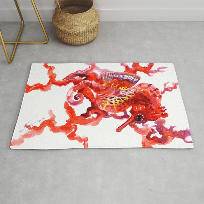 Seahorse red sea world art, corals, Coral red Scarlet Artwork Rug by