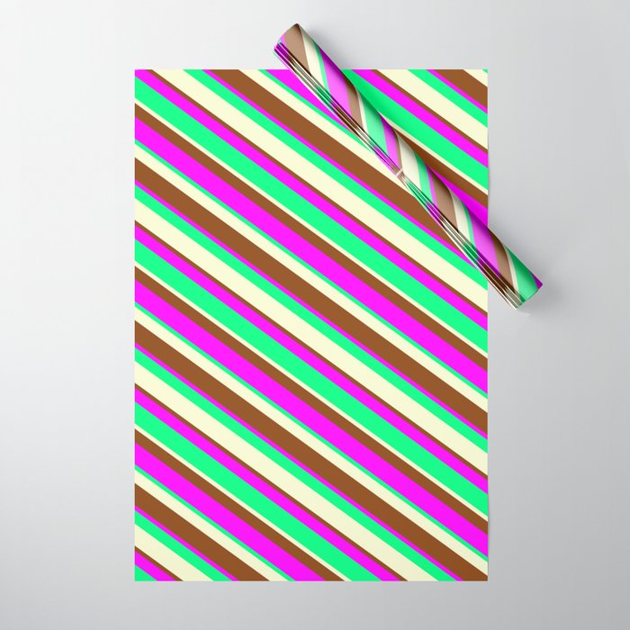 Brown, Fuchsia, Green, and Light Yellow Colored Stripes Pattern Wrapping Paper