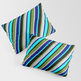 [ Thumbnail: Colorful Aqua, Black, Green, Light Grey, and Blue Colored Lined/Striped Pattern Pillow Sham ]