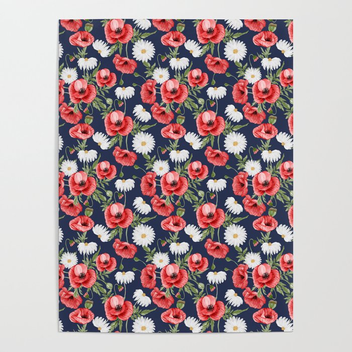 Daisy and Poppy Seamless Pattern on Navy Blue Background Poster