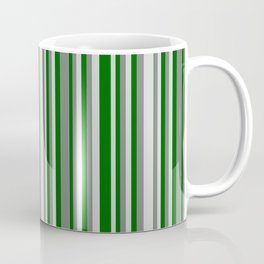 [ Thumbnail: Grey, Light Grey & Dark Green Colored Striped Pattern Coffee Mug ]