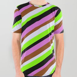 [ Thumbnail: Colorful Orchid, Brown, Lavender, Chartreuse & Black Colored Stripes Pattern All Over Graphic Tee ]