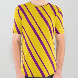[ Thumbnail: Yellow and Purple Colored Lined Pattern All Over Graphic Tee ]