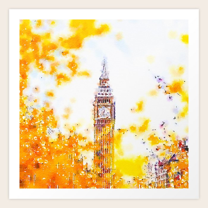 Big Ben In London With Colorful Yellow Autumn Fall Trees