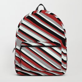 [ Thumbnail: Red, Dark Grey, Mint Cream, and Black Colored Pattern of Stripes Backpack ]