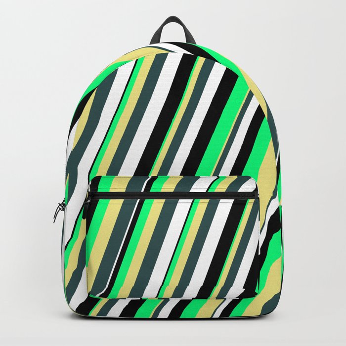 Vibrant Green, Tan, Dark Slate Gray, White, and Black Colored Striped/Lined Pattern Backpack