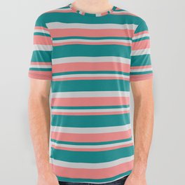 [ Thumbnail: Light Coral, Teal, and Light Grey Colored Lined/Striped Pattern All Over Graphic Tee ]