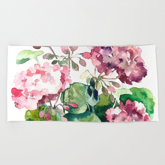 Watercolor pink geranium flowers aquarelle Beach Towel
