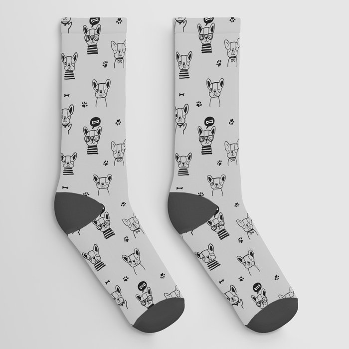 Light Grey and Black Hand Drawn Dog Puppy Pattern Socks