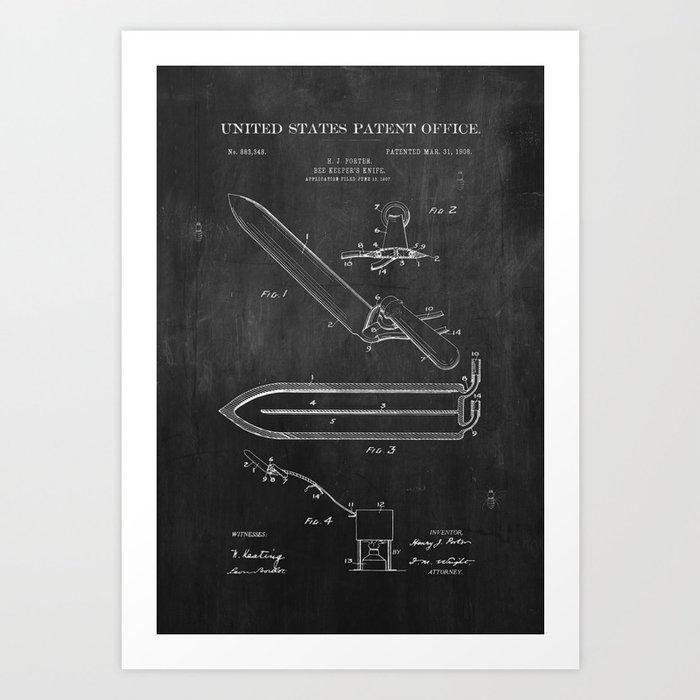 Beekeeper Knife Patent with Bees Art Print
