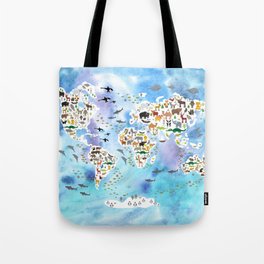 Cartoon animal world map, back to school. Animals from all over the world, blue watercolour watercolor Tote Bag