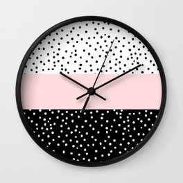 Pink white black watercolor polka dots Wall Clock